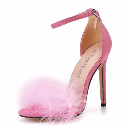 Fluffy Peep Toe Stilettos with Fur Feather